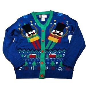Nutcracker Cardigan NEW Medium V-neck Christmas Button Down Sweater Blue